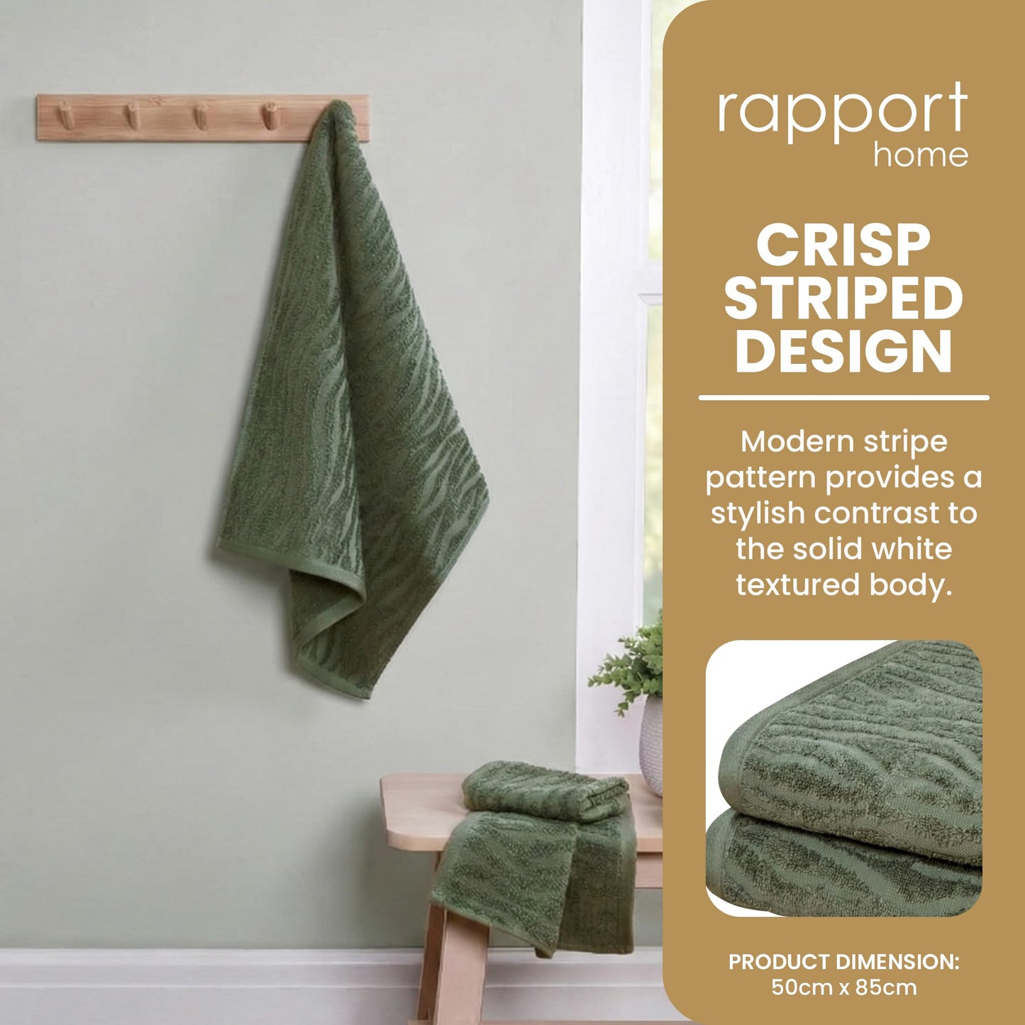 Rapport Home 2-Pack Safari Hand Towels | Forest Green | 50x85cm 100% Cotton 500GSM | Absorbent & Soft Bathroom Towel Set | Oeko-Tex Certified