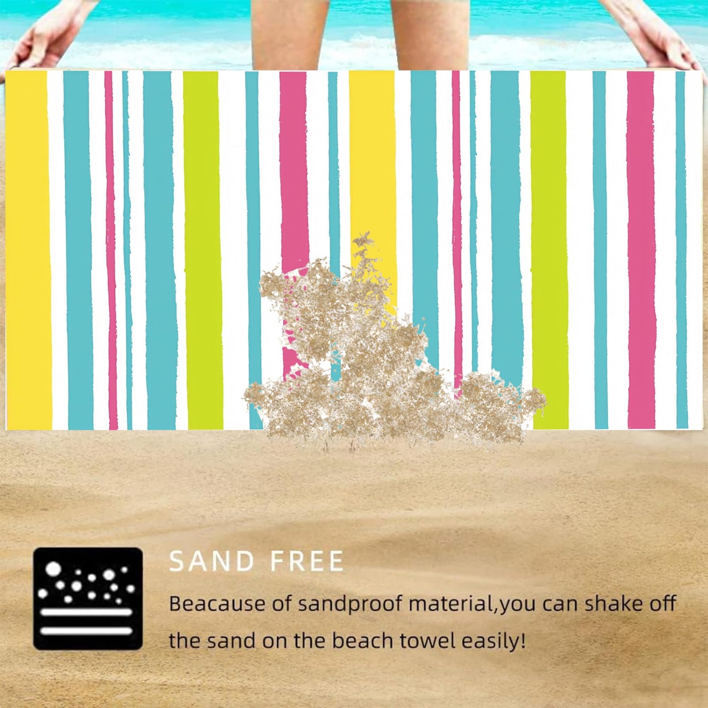 Large Quick Dry Microfibre Beach Bath Towel,Double Sides Light Blue White Striped Sand Free Beach Towel with Bag,Lightweight Gym Yoga Sports