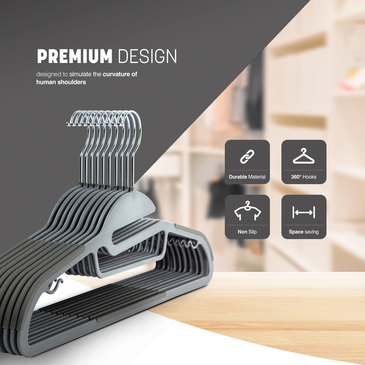 KEPLIN 20-Pack Non-Slip Hangers – Durable, Slimline Design for Space Saving with 360° Swivel, Tie Organiser, Strap Hooks, and S-Shape Opening