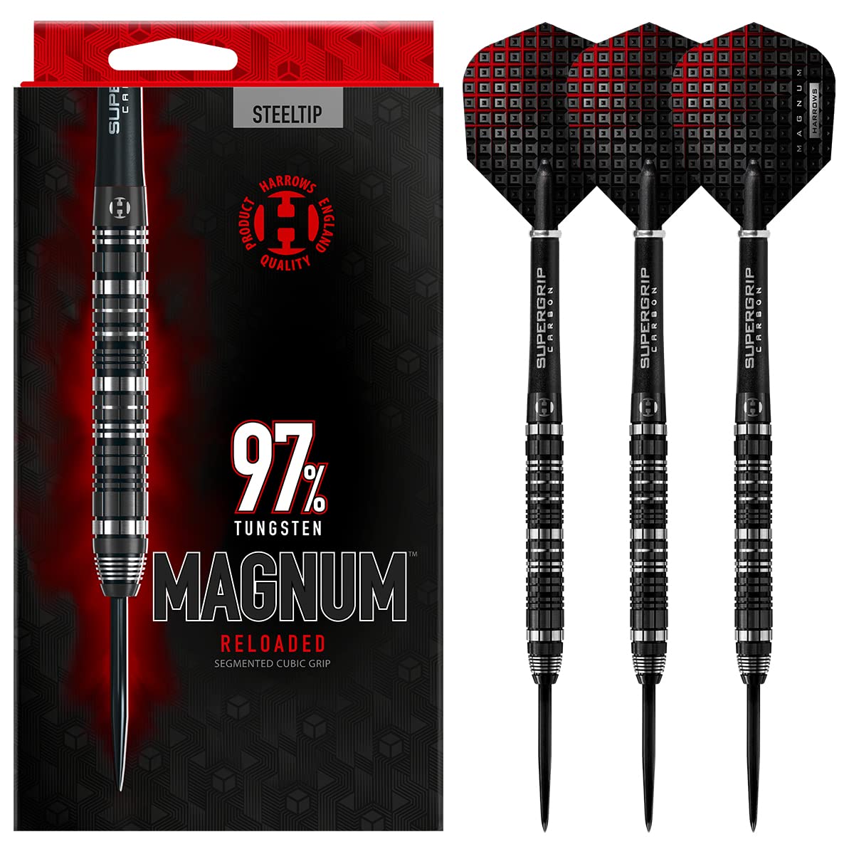 Harrows Magnum Reloaded 97% Tungsten Steel Tip Darts Set 22g, 23g, 24g, & 25g - Includes Slim Parallel Barrel, Silver Supergrip Carbon Midi Shafts &