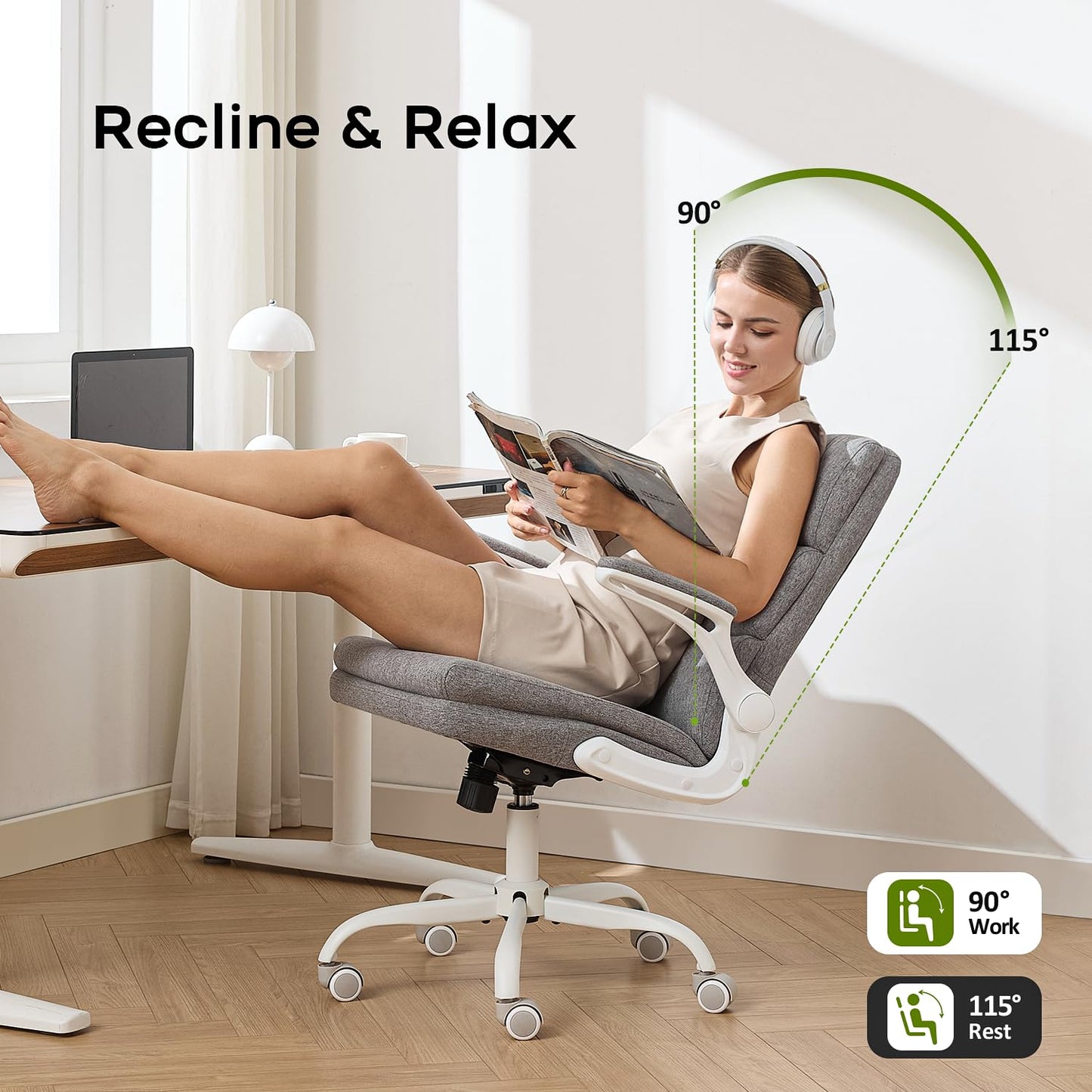 LukkDys Ergonomic Office Chair with 3-Stage Back Support, Executive Fabric Desk Chair with Flip-up Armrests