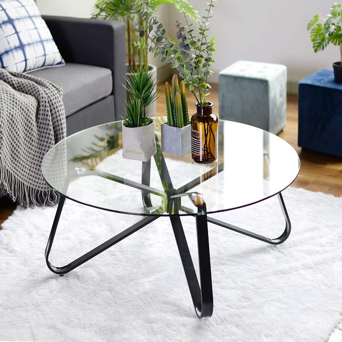FurnitureR Coffee Table D80cm Round Modern Glass Tea Table Easy Assembly Tempered Glass for Living Room