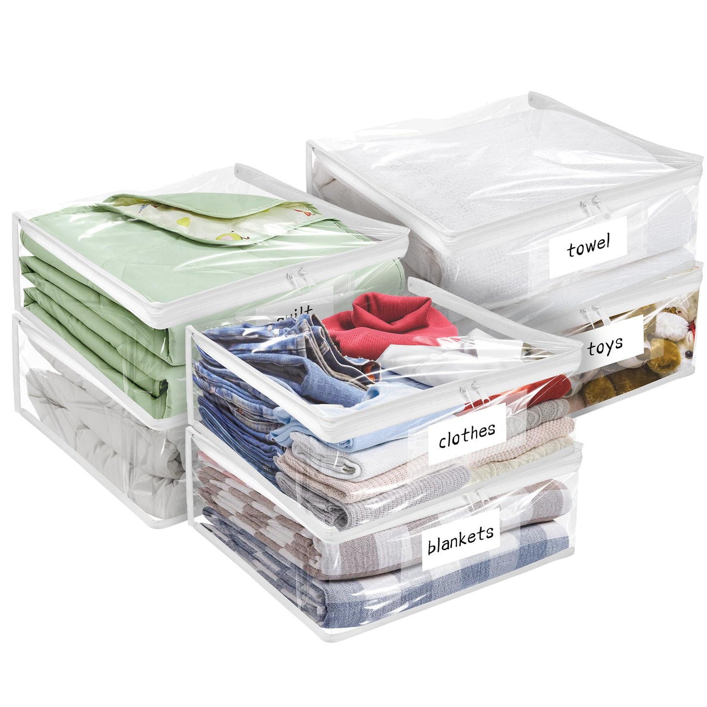 Plastic Storage Bags with Easy-Glide Zipper, Pack of 6, Durable Clear Vinyl Zippered Storage Bags for Clothes Sweaters Comforters Blankets Sheets