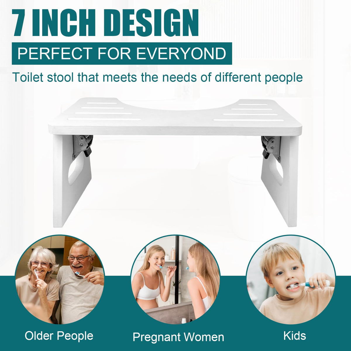 Bamboo Toilet Stool 7 Inch - Foldable Squatting Step Stool for Adults, Kids & Elderly - Anti-Slip Bathroom Stool for Better Pooping Posture
