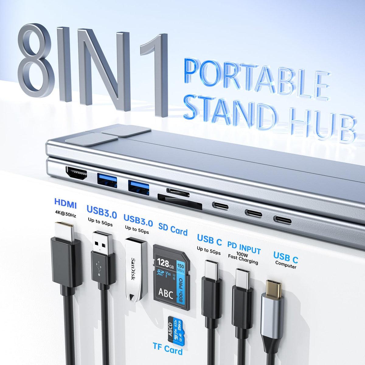 LICHIFIT Aluminum Alloy Laptop Folding Stand for Desk, Portable Foldable Tablets Mount with 8-in-1 Multi-Interface Expansion Dock Hub Multi-Angle
