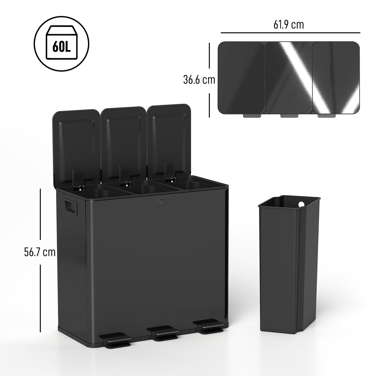 HOMCOM 3 x 20L Pedal Bin, Steel Triple Kitchen Bin with Soft Close Lid, Removable Inner Buckets, Fingerprint-Proof, Black