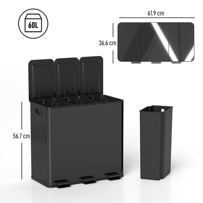 HOMCOM 3 x 20L Pedal Bin, Steel Triple Kitchen Bin with Soft Close Lid, Removable Inner Buckets, Fingerprint-Proof, Black