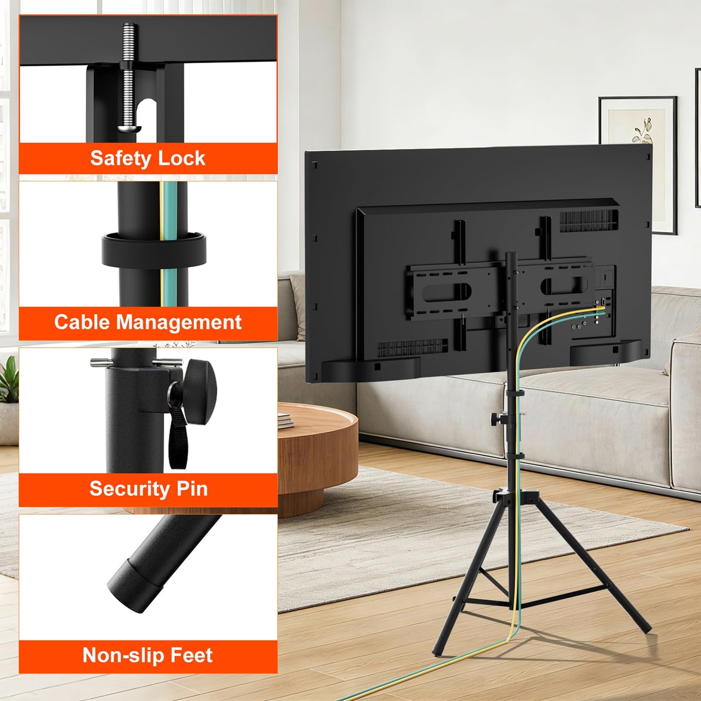 Vanconwey Tripod TV Stand,Outdoor TV Stand for 30-75 inch TVs,Black