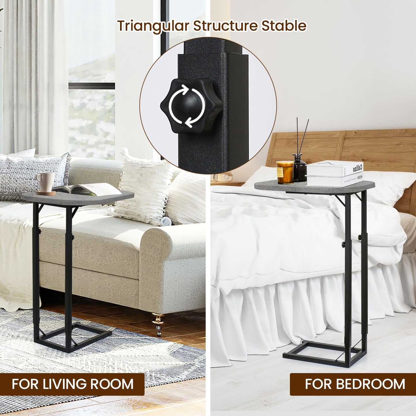 OFIDELITY Side Table, Height Adjustable C Table, End Table for Sofa, Couch & Bedside