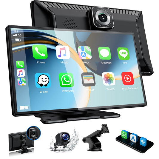 Volam Carplay Car Stereo for AppIe Car Play Android Auto 9 inch Carplay Screen for Car with Dashcam Front&Backup 2.5K+1080P with GPS-Navigation/Mirror
