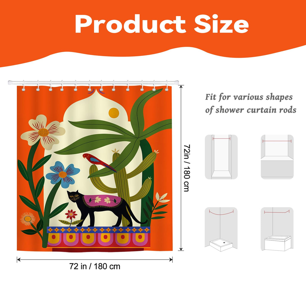 Hopomoon Orange Boho Shower Curtain,Mid-Century Modern Botanical Floral Black Cat and Bird Waterproof Polyester Bath Curtain with 12 Hooks