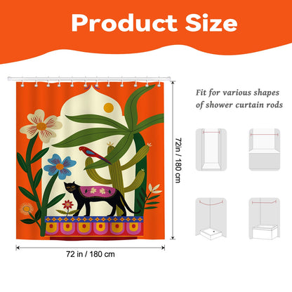 Hopomoon Orange Boho Shower Curtain,Mid-Century Modern Botanical Floral Black Cat and Bird Waterproof Polyester Bath Curtain with 12 Hooks