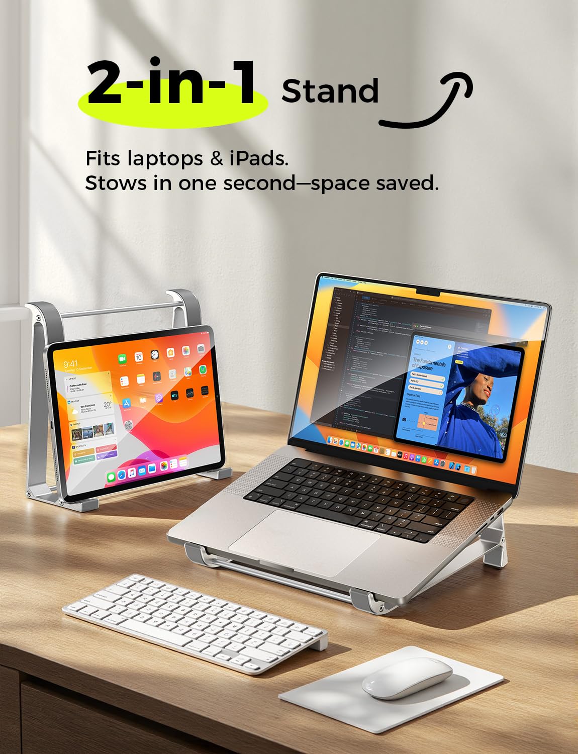 MAGIC JOHN Vertical Laptop Stand & Storage Holder - Portable Aluminum Stand with Silicone Pads, Detachable Design, Cooling & Desktop Riser