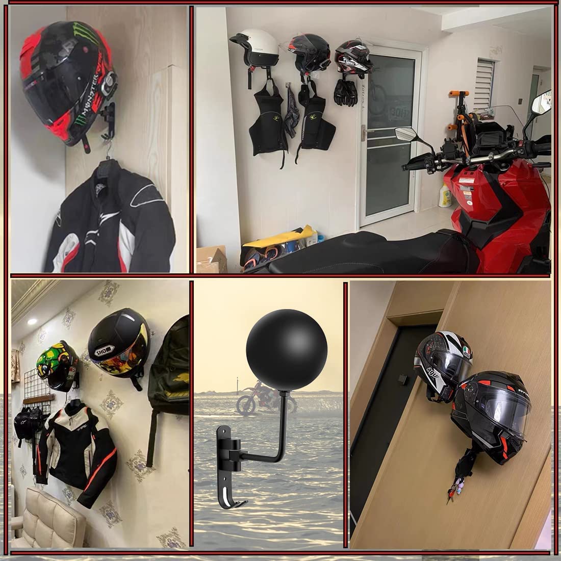 motofans Helmet Stand, Rotation Metal Helmet Holder Wall Mount, Helmet Holder Bike with 2 Hooks Helmet Hanger for Motorbike, Caps, Baseballs