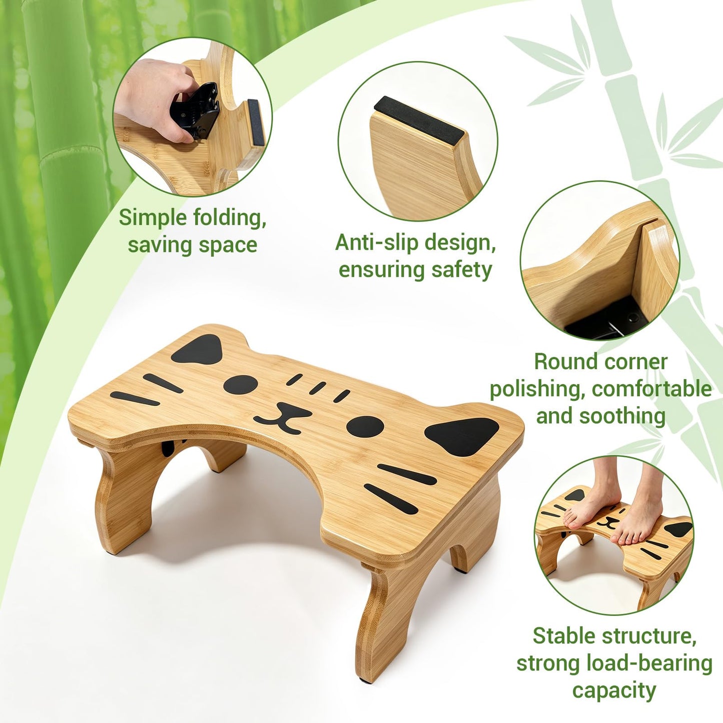 zxevg Bamboo Toilet Stool Folding 6.5in Non-Slip