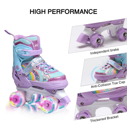 OLYSPM Roller skates kids Roller boots,8 Light up Wheels and 4 Sizes Adjustable,Quad skates with storage bag,Double-row Roller Skates for girls,boys