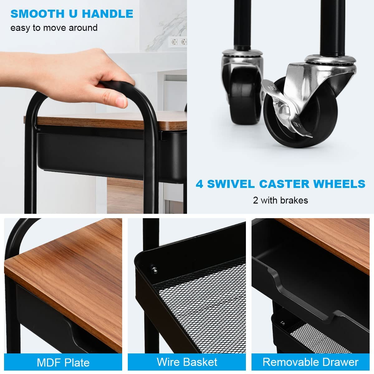 Shrivee 3-Tier Kitchen Trolley With Table and Drawer, All-Purpose Metal Shelf for Office, Salon, Cosmetics, Serving Cart for Kitchen, Bathroom