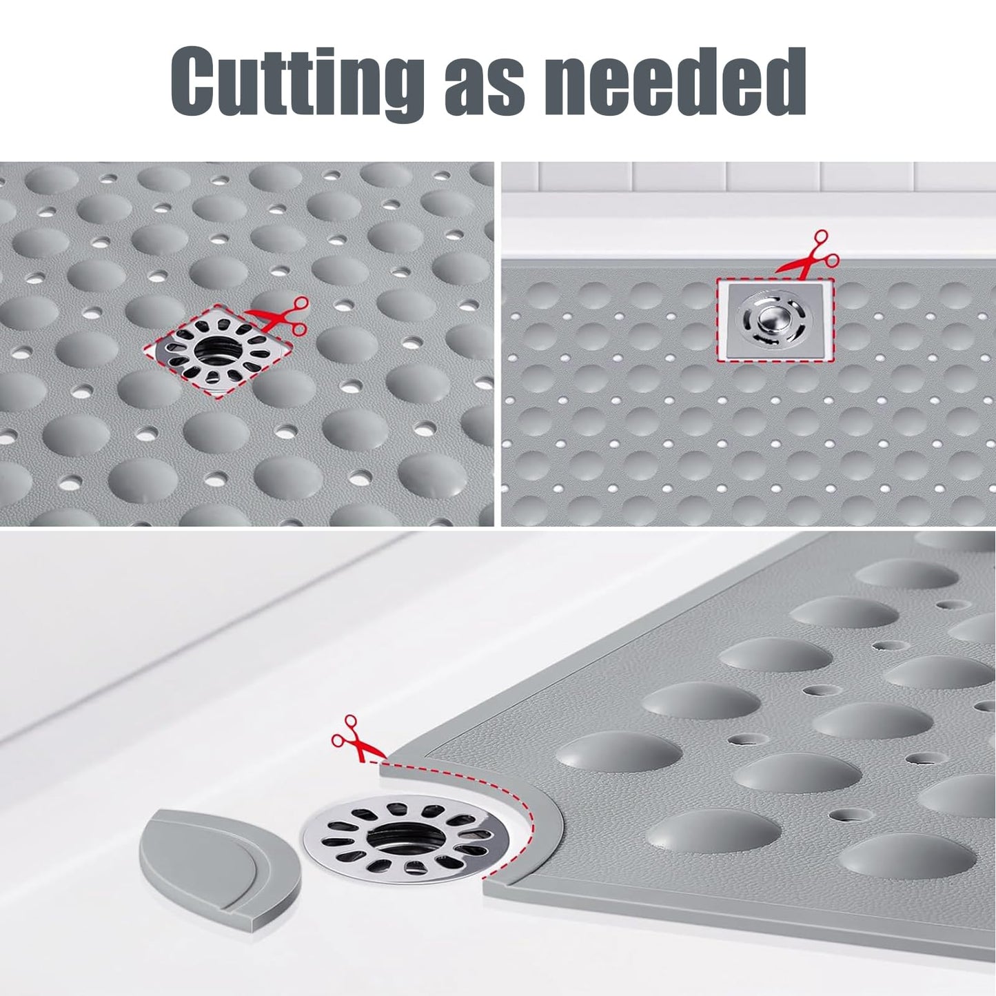Non Slip Extra Large Shower Mat, 60 x 90 cm Anti Mould Long Bath Mat TPE Shower Mats for Inside with Drain Holes and Suction Cups (Gray)