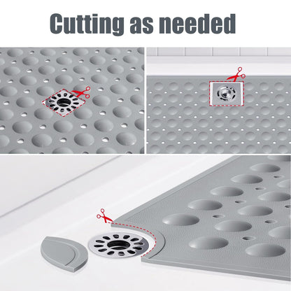 Non Slip Extra Large Shower Mat, 60 x 90 cm Anti Mould Long Bath Mat TPE Shower Mats for Inside with Drain Holes and Suction Cups Gray