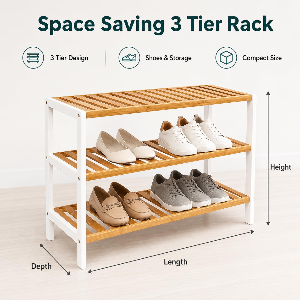 1ABOVE Bamboo Shoe Rack, Plant Rack, Perfect for Corridor, Living Room, Bathroom, Bedroom, Hallway or Small spaces-Parent. (White & Natural, 3 Tier)