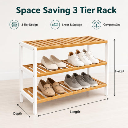 1ABOVE Bamboo Shoe Rack, Plant Rack, Perfect for Corridor, Living Room, Bathroom, Bedroom, Hallway or Small spaces-Parent. White & Natural, 3 Tier