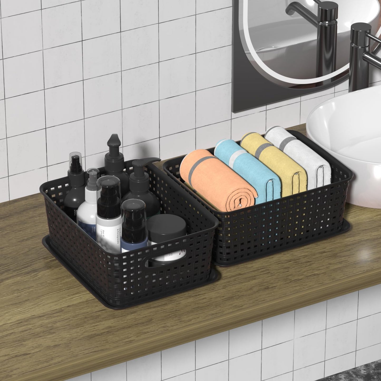 Wakikini Woven Plastic Storage Baskets with Lids, Small Weave Bins, Black