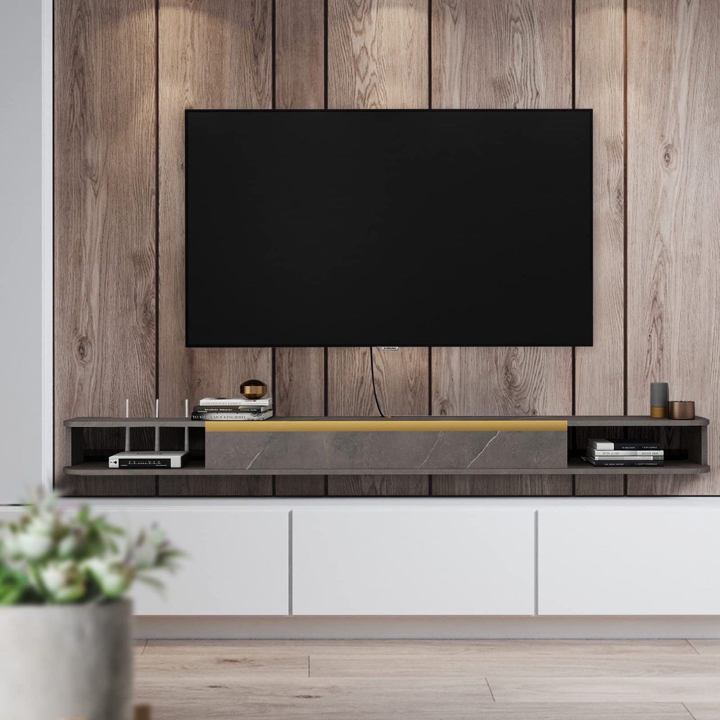 Pmnianhua Floating TV Stand, Wall Mounted Entertainment Center TV Media Console, Floating Shelves with Door