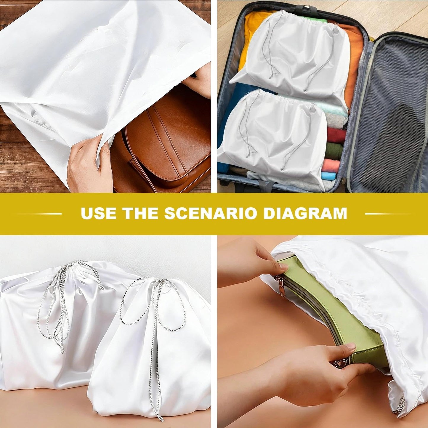Dust Bag for Handbags, 4 Pcs Premium Drawstring Storage Bags - White, Soft Polyester Blend with Drawstring Closure Eusable Protective Covers for