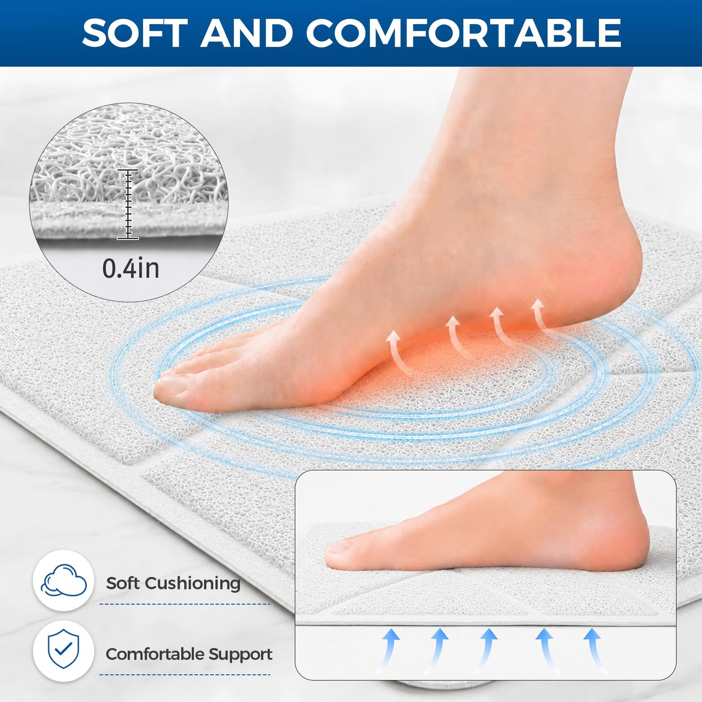 XIYUNTE Soft Shower Mat Non Slip Anti Mould, Loofah Bath Mat with Heat-Pressed Edging 60x40cm, INCL. Hooks for Drying