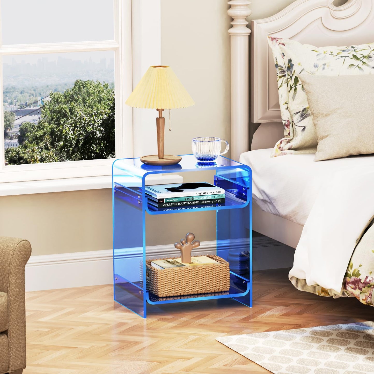 Acrylic End Table with Storage Shelf, Clear Side Table, Record Player Table, Nightstand, 15.7x19.7x11.8 (Blue, 40×30×50 cm)