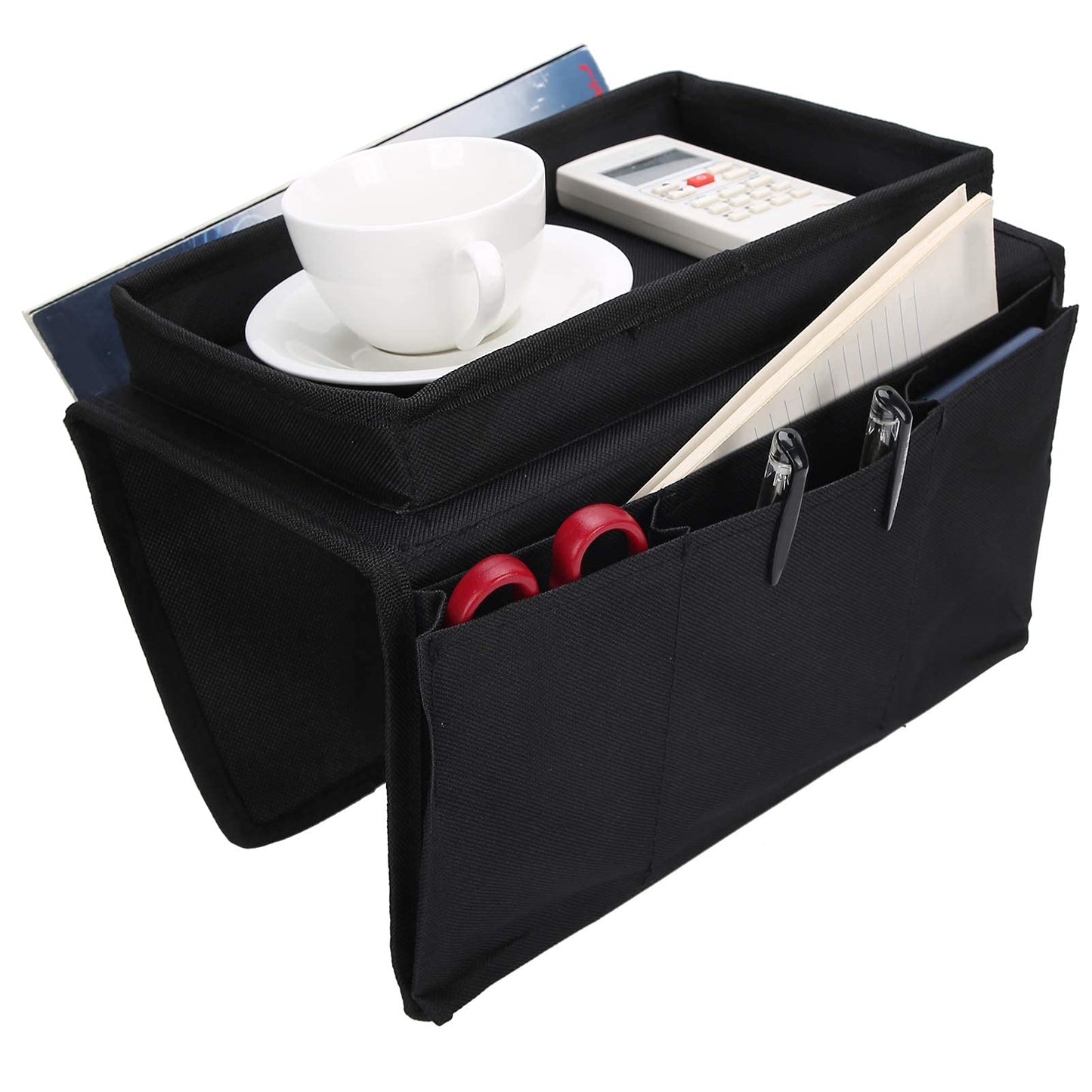 Ejoyous Sofa Armrest Organizer, 4 Pockets Couch Bag for TV Remote Control, Oxford Cloth Armchair Storage with Cup Holder Tray (Black)