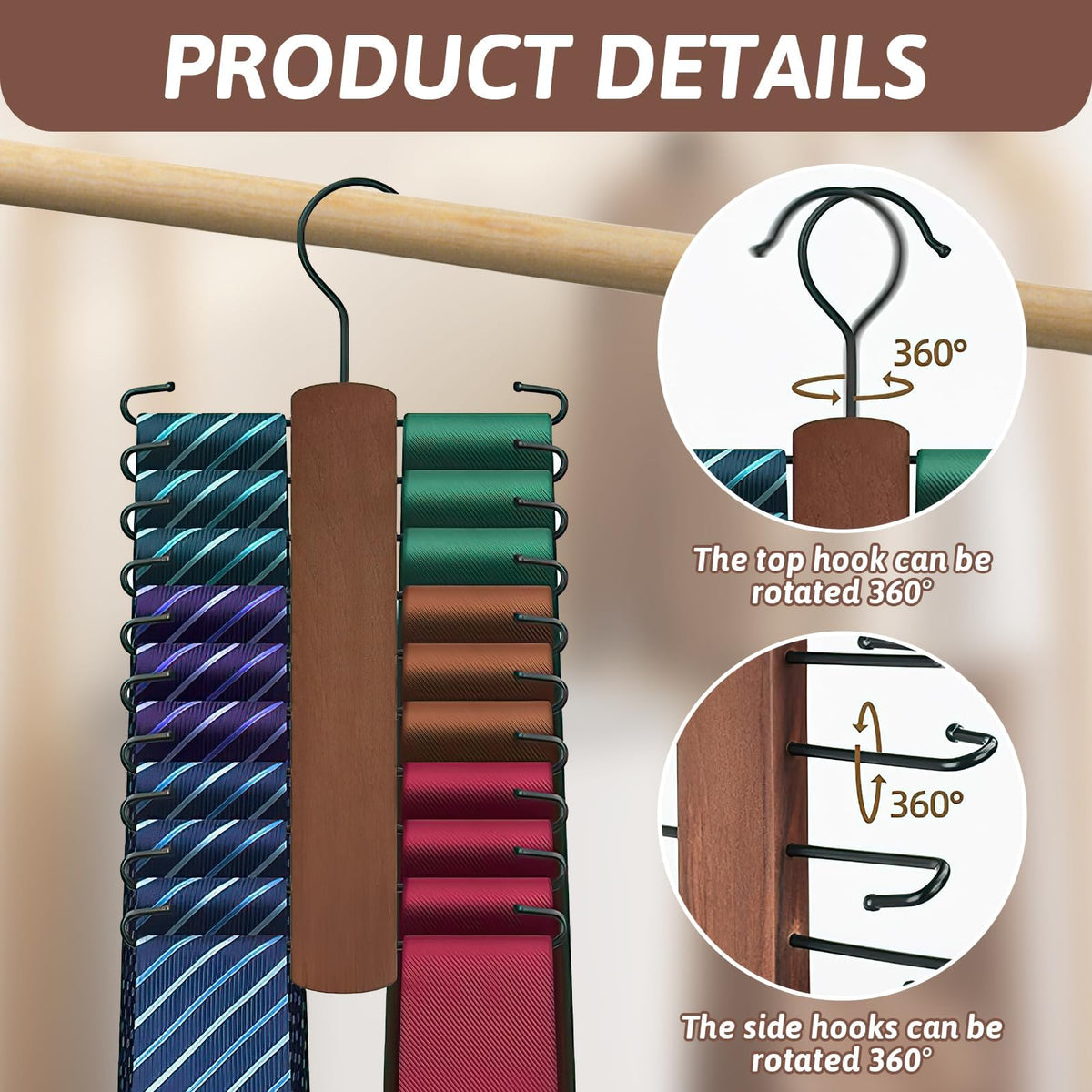 Tie Hanger for Wardrobe with 20 Non-Slip Storage Capacity 360 Rotating