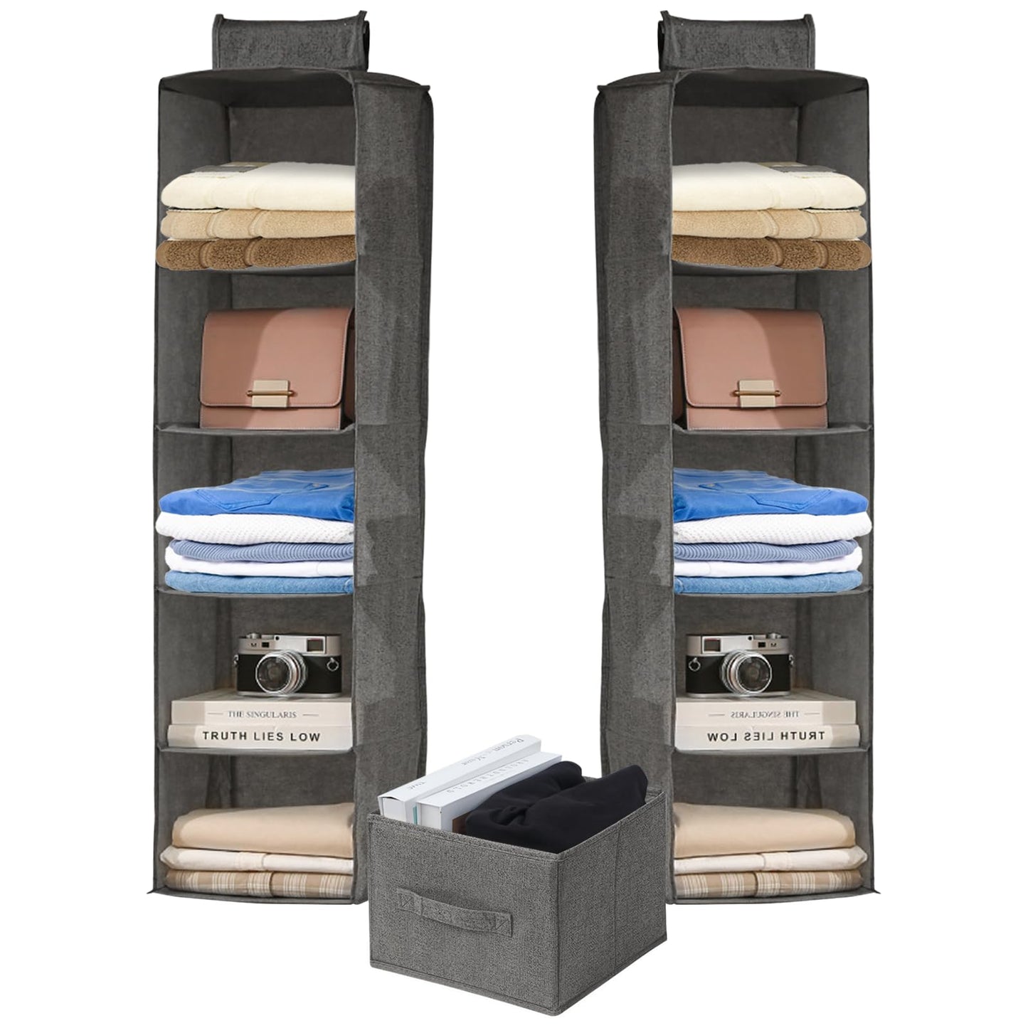 FALSKT 2PCS Hanging Storage with 5 Shelves and Removable Drawer Fabric Hanging Shelves Foldable Hanging Wardrobe Organiser Wardrobe Storage Organiser