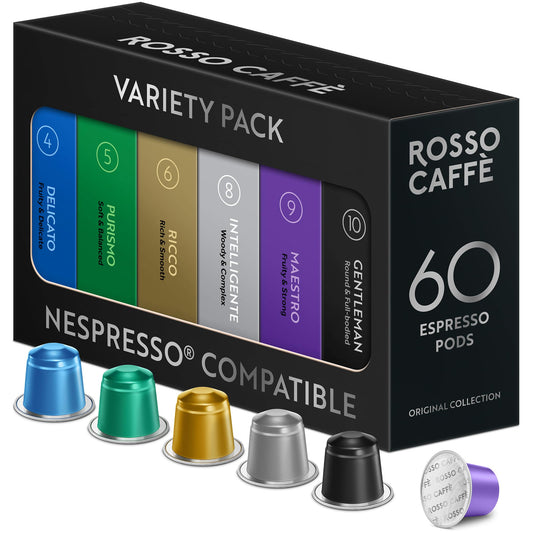 ROSSO CAFF? 60 Nespresso Machine Compatible Capsules, Variety Pack, 6 Flavours, Aluminium Coffee Pods