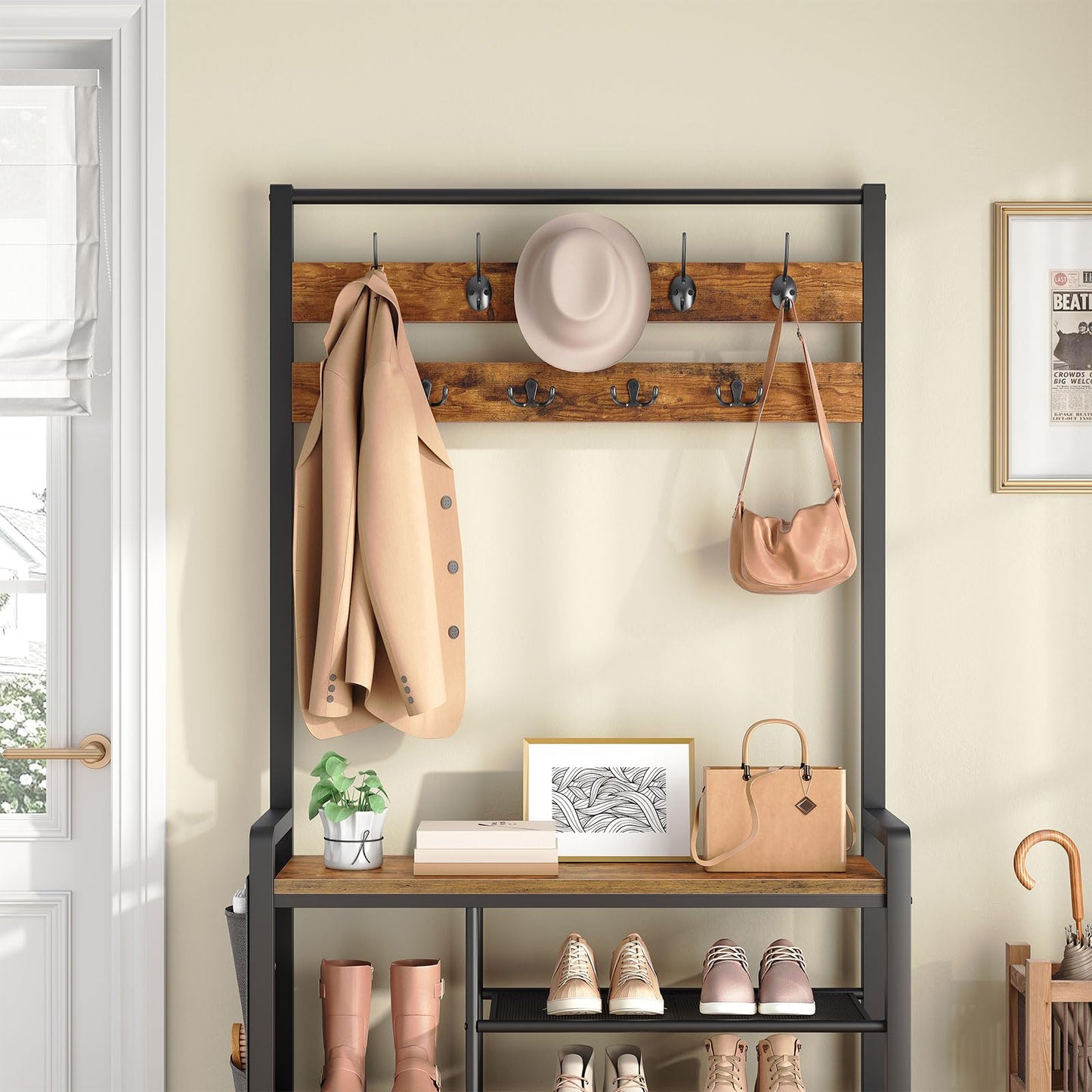HOOBRO Coat Rack with Shoe Storage, 5 Tier Shoe Rack with Coat Rack, Shoe Storage Organizer with 9 Coat Hooks and 3 Oxford Fabric Side Pockets