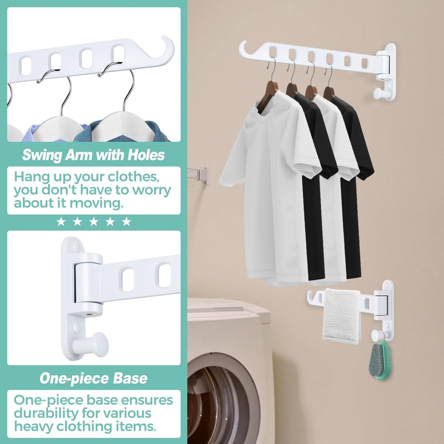 SKIKEN Wall Mounted Clothes Hanger with Swing Arm, Wall Mounted Swing Away Drying Rack, 180°Rotation, Safe Laundry Hanger, Space Saver
