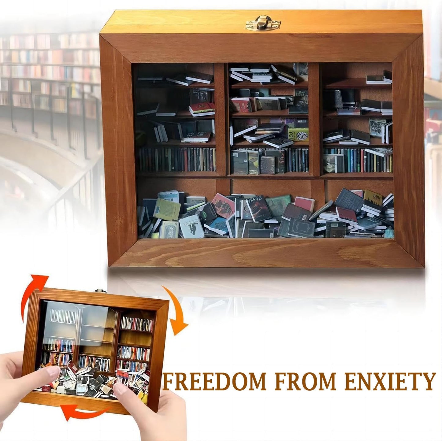 Anxiet-y Bookshelf, Mini Bookshelf Anxieties Bookshelf Shake Away Your Anxiet-y Wooden Bookshelf Decor Book Display Cabinet with 200Pcs Books for