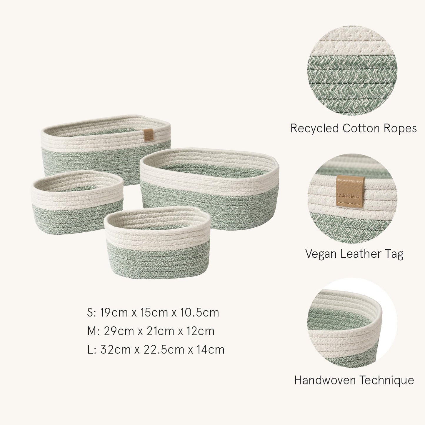 LA JOLIE MUSE Small Cotton Woven Storage Baskets, White & Green, 4 Pack