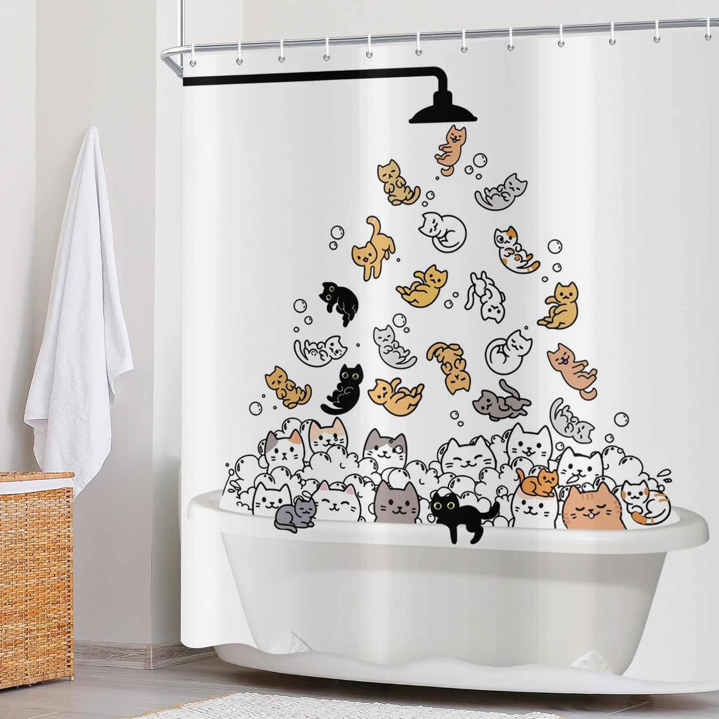ASDCXZ Funny Cat Shower Curtain 180x200 cm, Cute Cartoon Colorful Kitten Kids Bathroom Animal Hilarious Waterproof Bath Curtain Polyester Textile