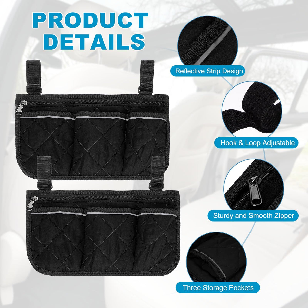 YELARXI Beach Chair Armrest Bag, Beach Side Bag Hanging Storage Organizer with Reflective 4 Pockets Waterproof Pouch 13 x 7" & 2Pcs & Black - Fit for