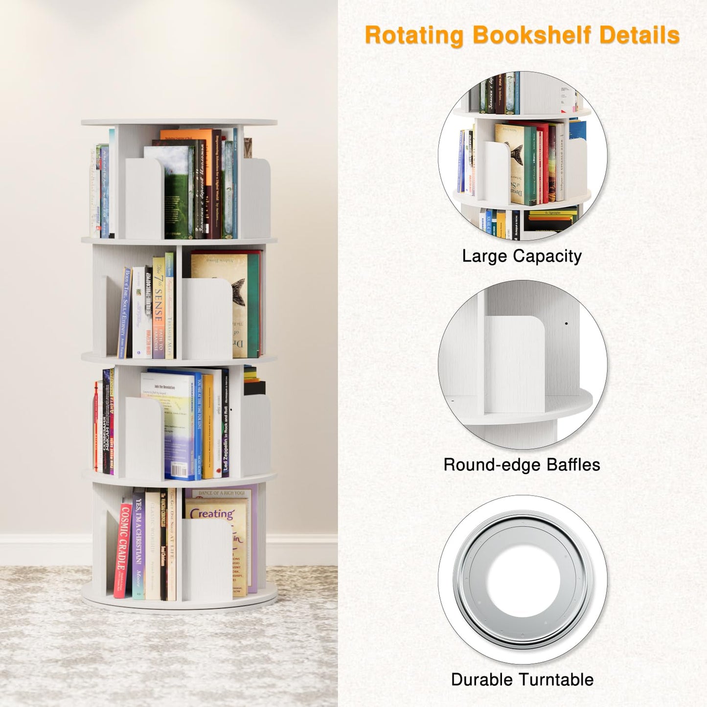 APPOLYN 4 Tier Rotating Bookshelf, 360 Display Spinning Bookcase, White