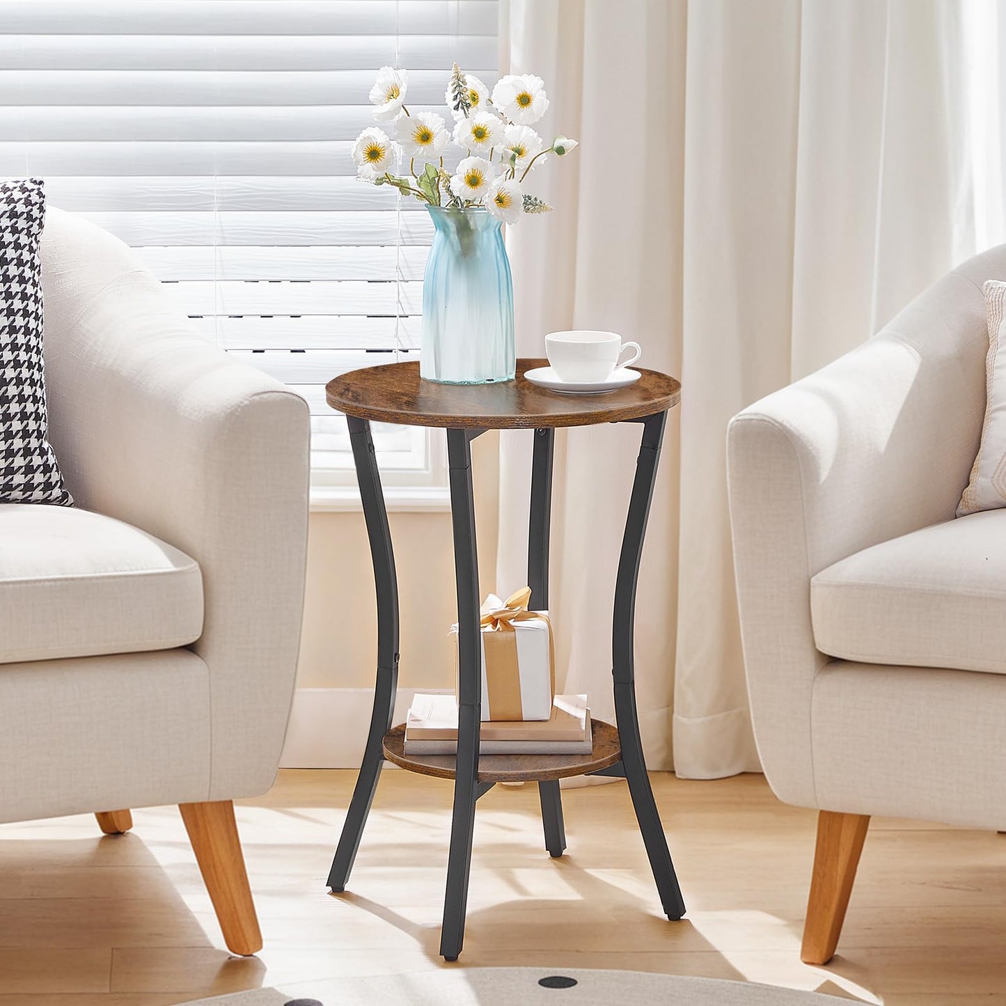HOOBRO Round Side Table, 2 Tier Small Bedside Table, Round Sofa Side Table with Storage Shelf, Small Tables Coffee Table Hallway for Living Room