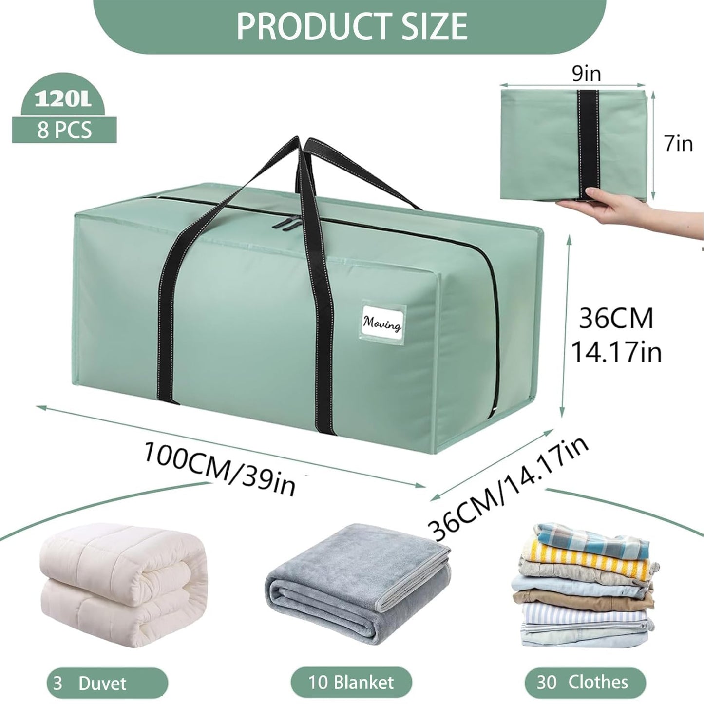 Dntorx 8 Pack 120L Moving Bags and Storage Bag Dorm Moving Essential, Green