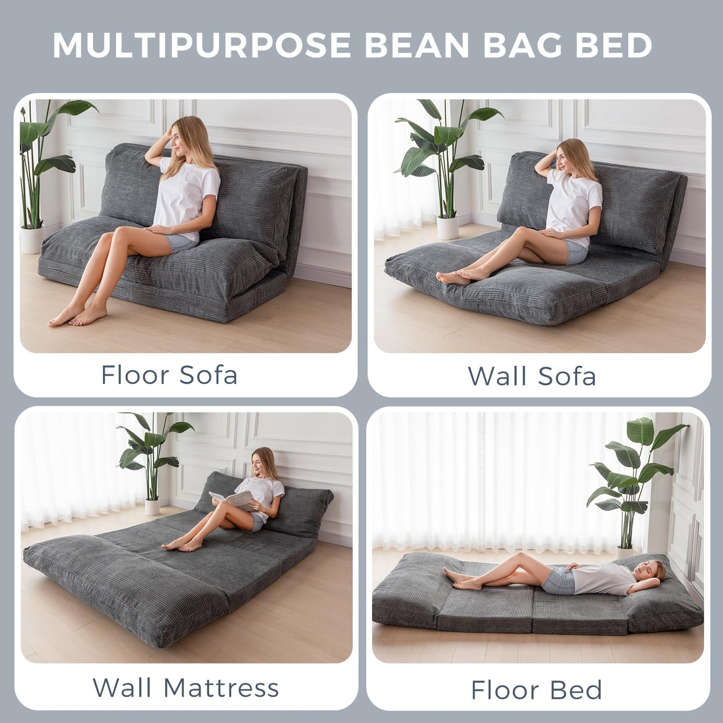 MAXYOYO Folding Corduroy Sofa Bean Bag Bed Chair Foam Filling Extra Thick 4 Fold Floor Couch Matress for Adults