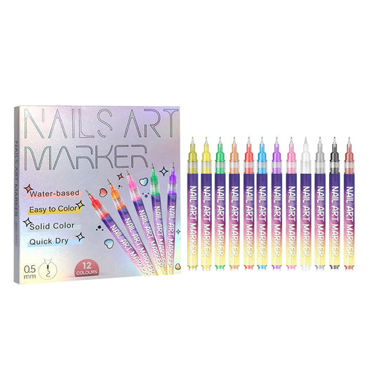 12 Colors Nail Art Pens Set, Fine Tip Nail Art Markers 0.5mm, Quick Dry Painting & Dotting 3D Nail Polish Pens for DIY Nail Design, Home & Salon Use