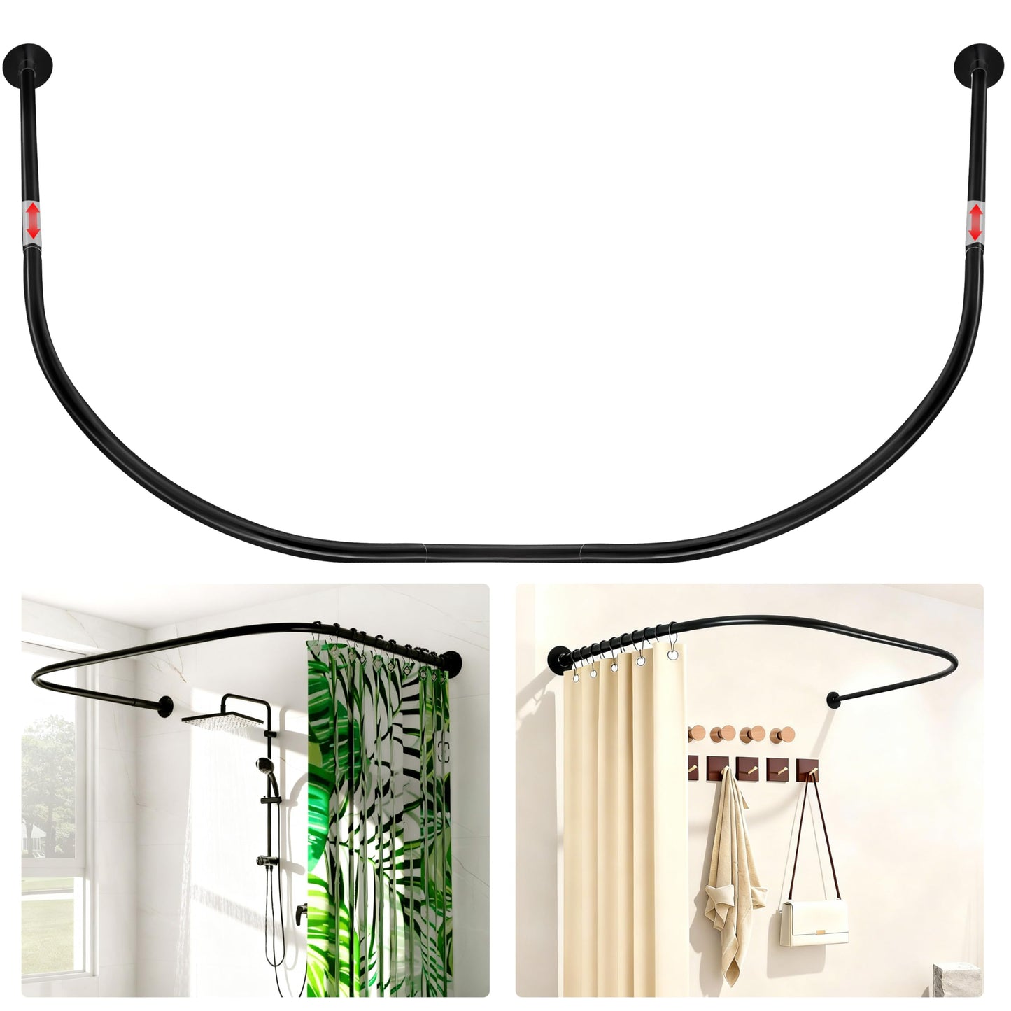 ZAIONE U-Shaped Shower Curtain Rail: Adjustable 90-130 x 100 x 90-130cm Drill or No Drill U-Shaped/L-Shaped Curved Black Curtain Pole Rod