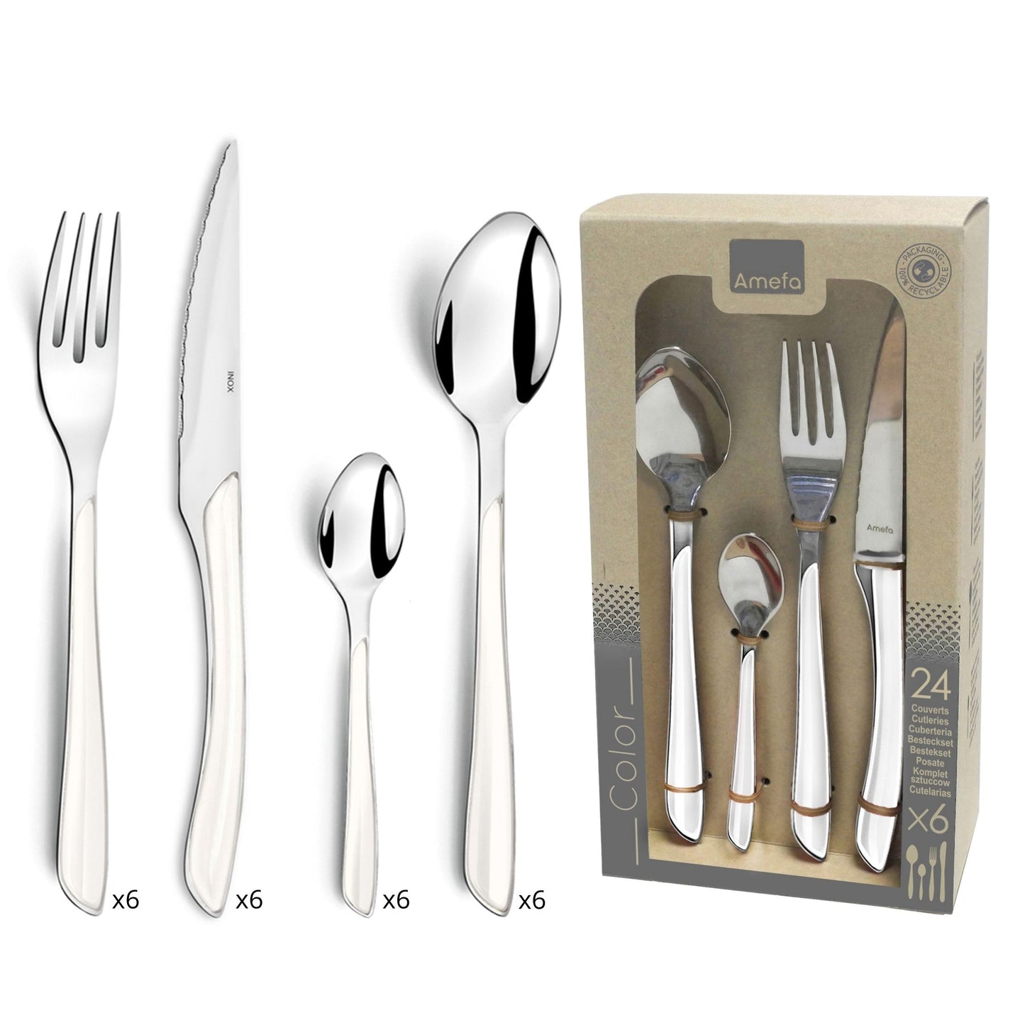 Amefa ECLAT White 24-Piece Cutlery Set for 6 | Stainless Steel Flatware with ABS Handles | Dishwasher Safe