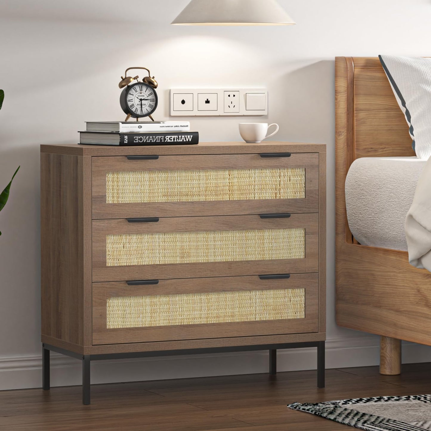 Yvsevnr Rattan Dresser for Bedroom Drawers for Clothes, Anti-Tipping, Wooden Closet Dressers Large Nightstand Bedside Storage Cabinet Unit with Metal