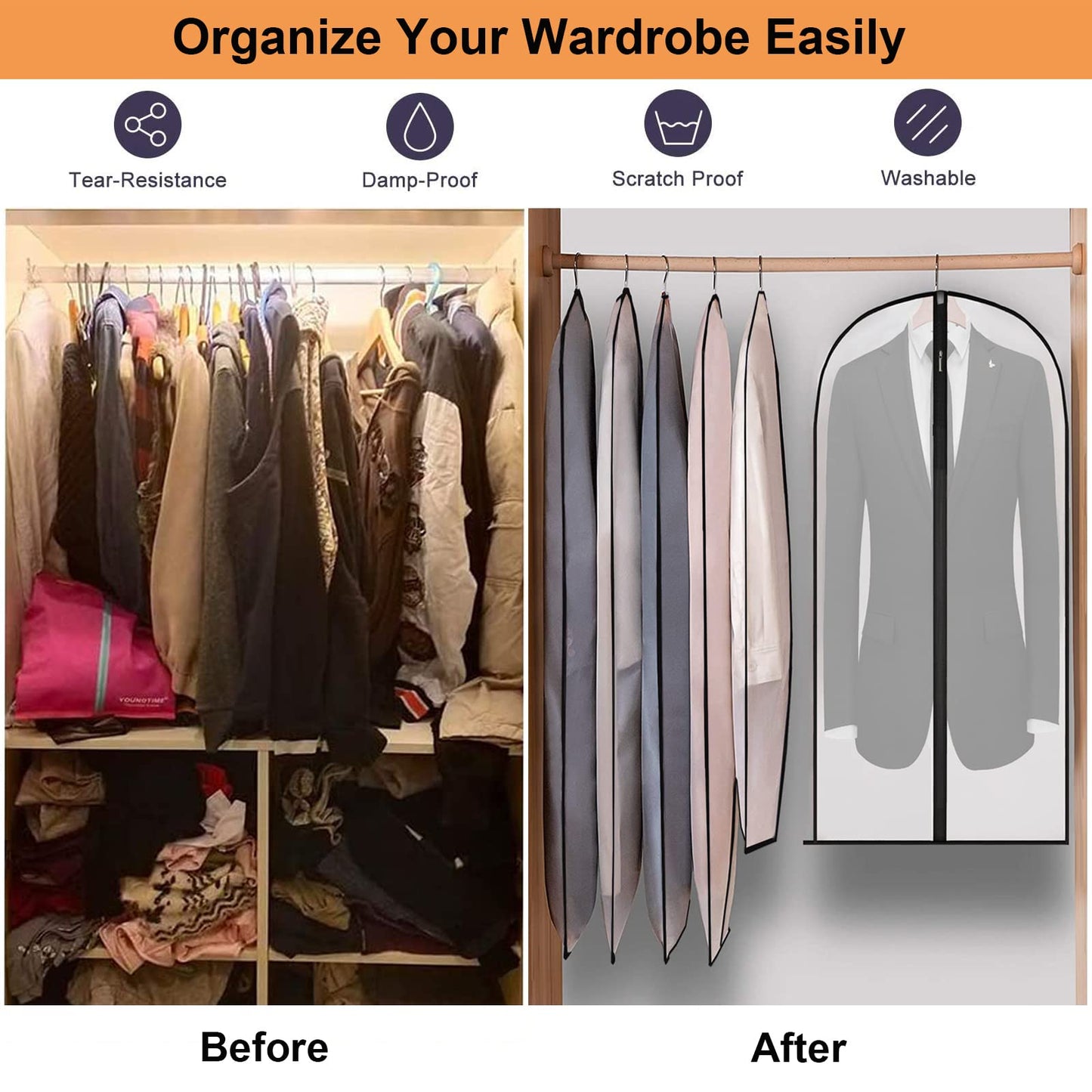 6Pack Breathable Clothes Covers with Zip, 60 x 120cm Hanging Garment Covers Bags, Moth-Proof Storage Bag for Men Suit, Dress Bag Covers