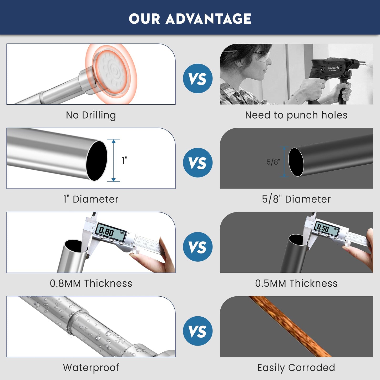 Silver Shower Curtain Pole, No Drilling No Rust Shower Curtain Rail 72cm to 195cm